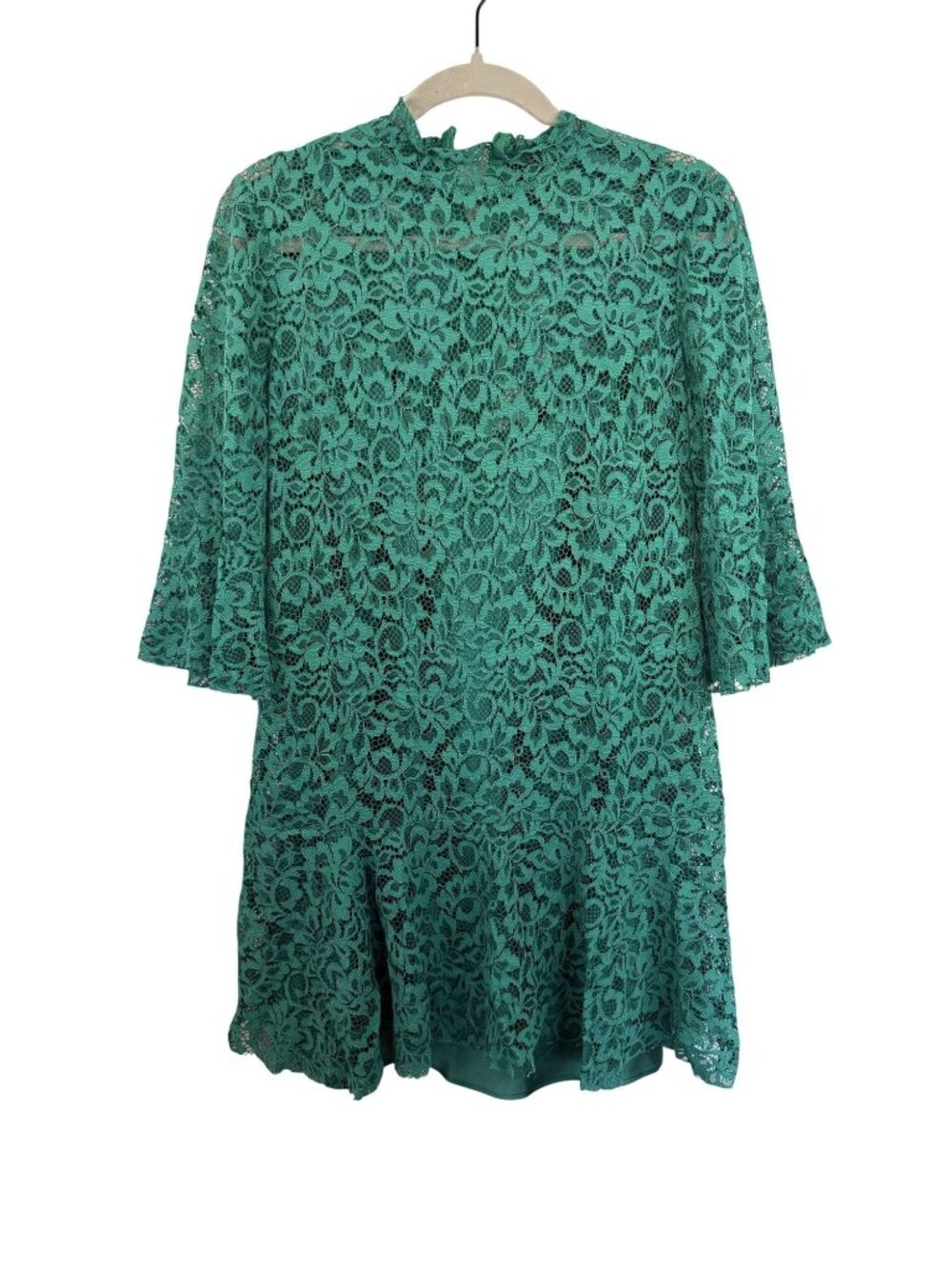 Zara Woman Green Lace Mini Dress With 3/4 Sleeves & High Neckline